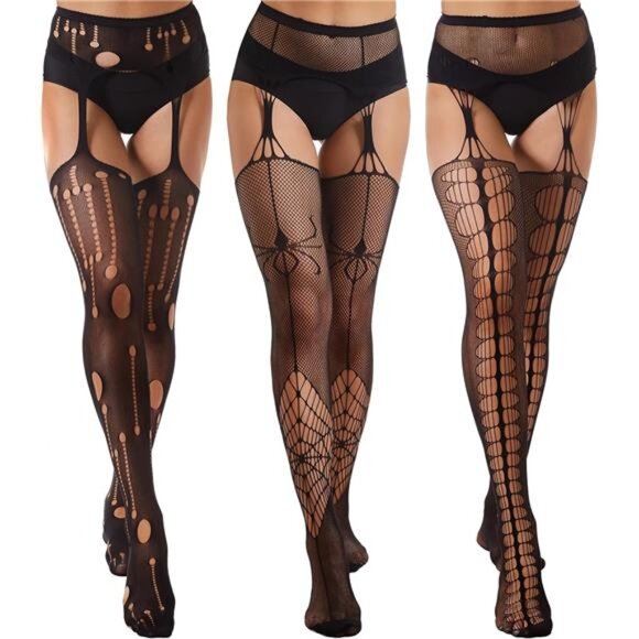 3 Fishnet Stockings for Women, Black Suspender Pantyhose Sexy Fishnets - Picture 1 of 7